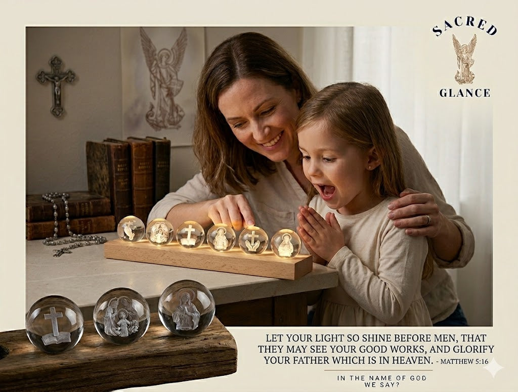 Faith-inspired crystal sphere set displayed with family